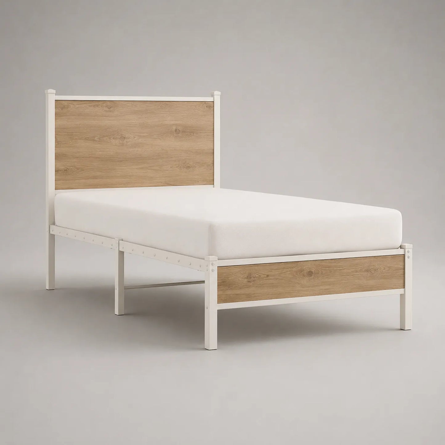 Einzelbett Metallrahmen mit Eichenholzoptik 200x90 cm Weiß