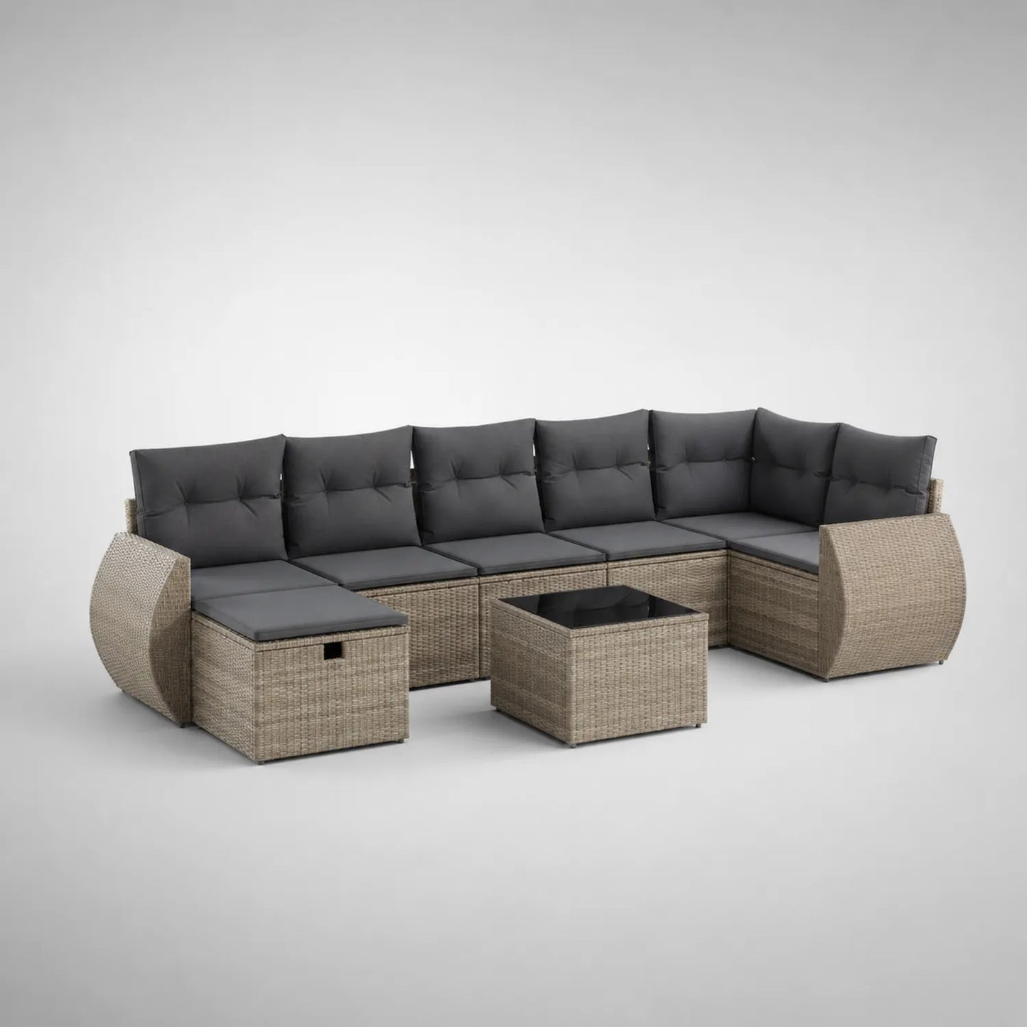 Rattan-Gartensofa-Set mit Tisch und Kissen, 6-Sitzer, Grau