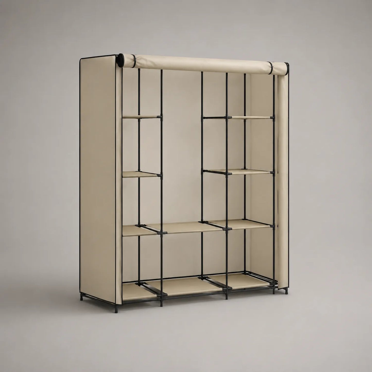 Beige/Schwarz Stoff Kleiderschrank mit Stahlrahmen