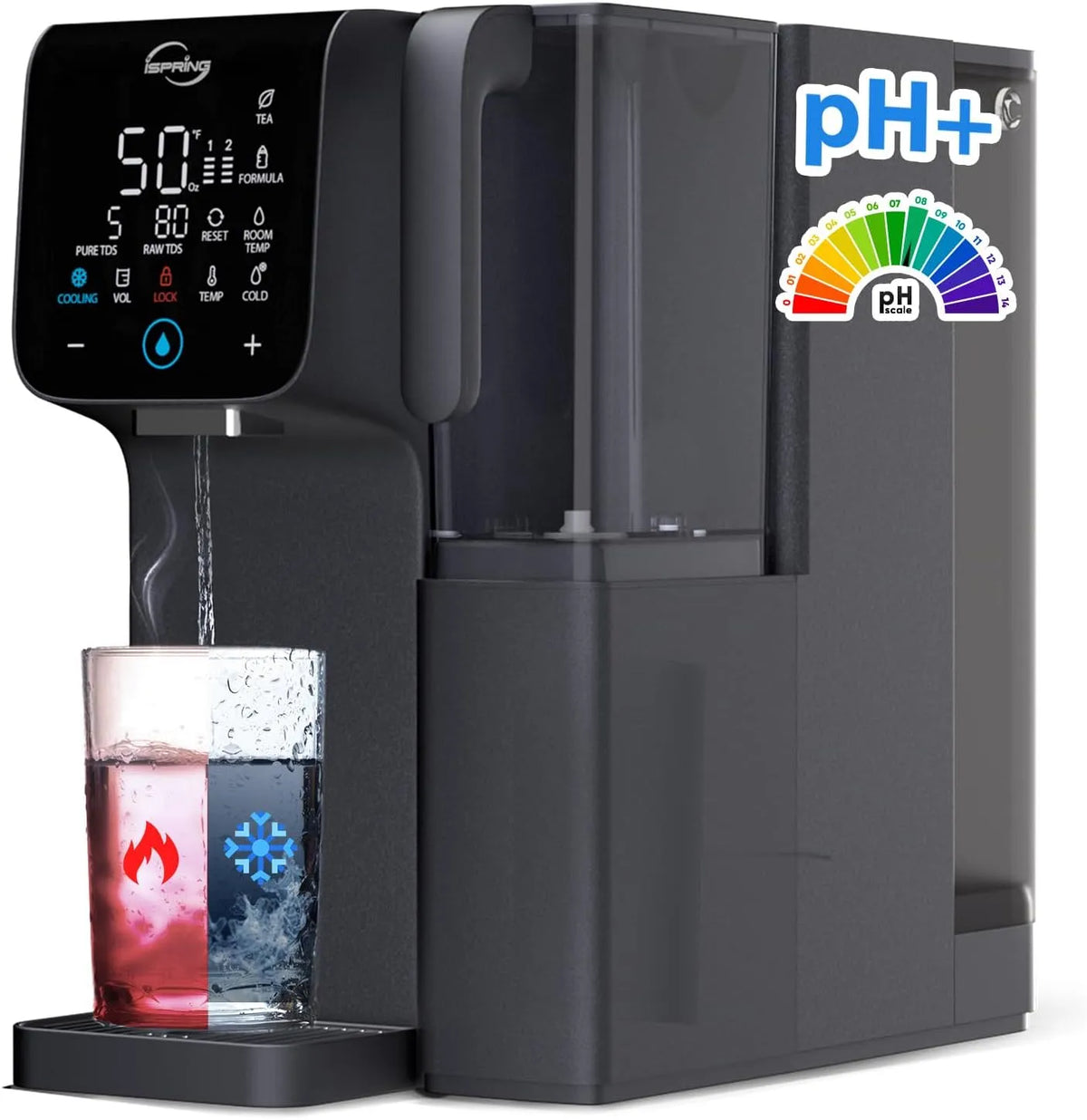 Monitor, iSpring RCD100HCG, Alkaline RO Wasserfilterspender, 9 Temperatur- & 6 Dosiervolumenoptionen