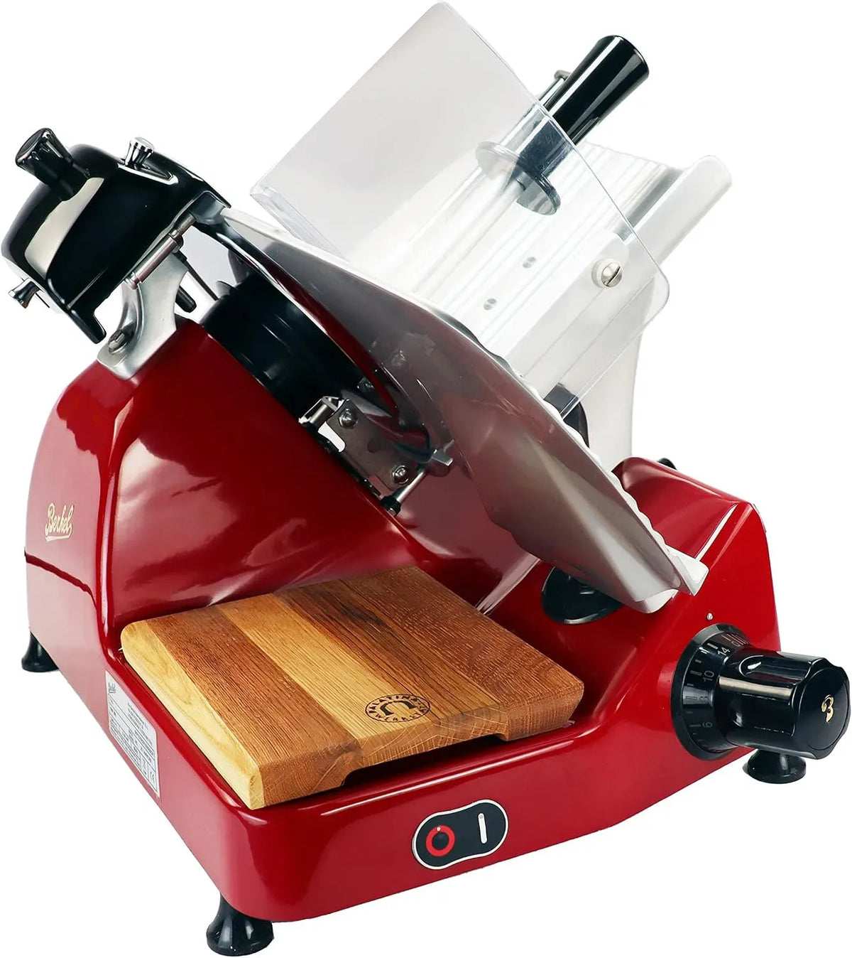 XS 25 Aufschnittmaschine, Allesschneider, Fassholzbrett, Schneidemaschine für Lebensmittel, Rot, für Ihre Küche