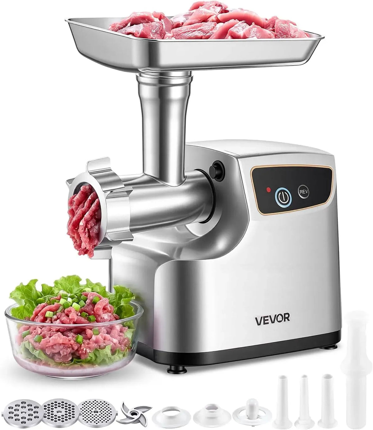 VEVOR W 2 2-in1 Küchenmaschine, 700 W, Elektrischer Fleisch olf #8 mit 3 Lochscheiben, 3 urstfüllrohren & Kubbe-Set, /min Kapazität, 2,3 kg