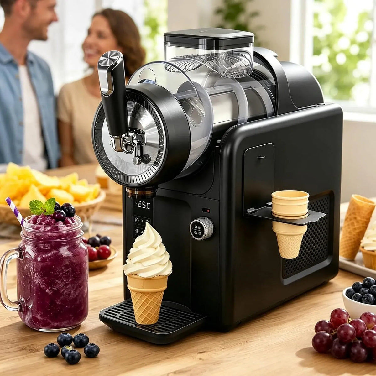 Slushie Maschine, Slush Maschine, Softeismaschine, Speiseeismaschine, Slush-Eisbereiter, 2 L, 2 Temperaturzonen, 5 Programmen, Schwarz, für Zuhause
