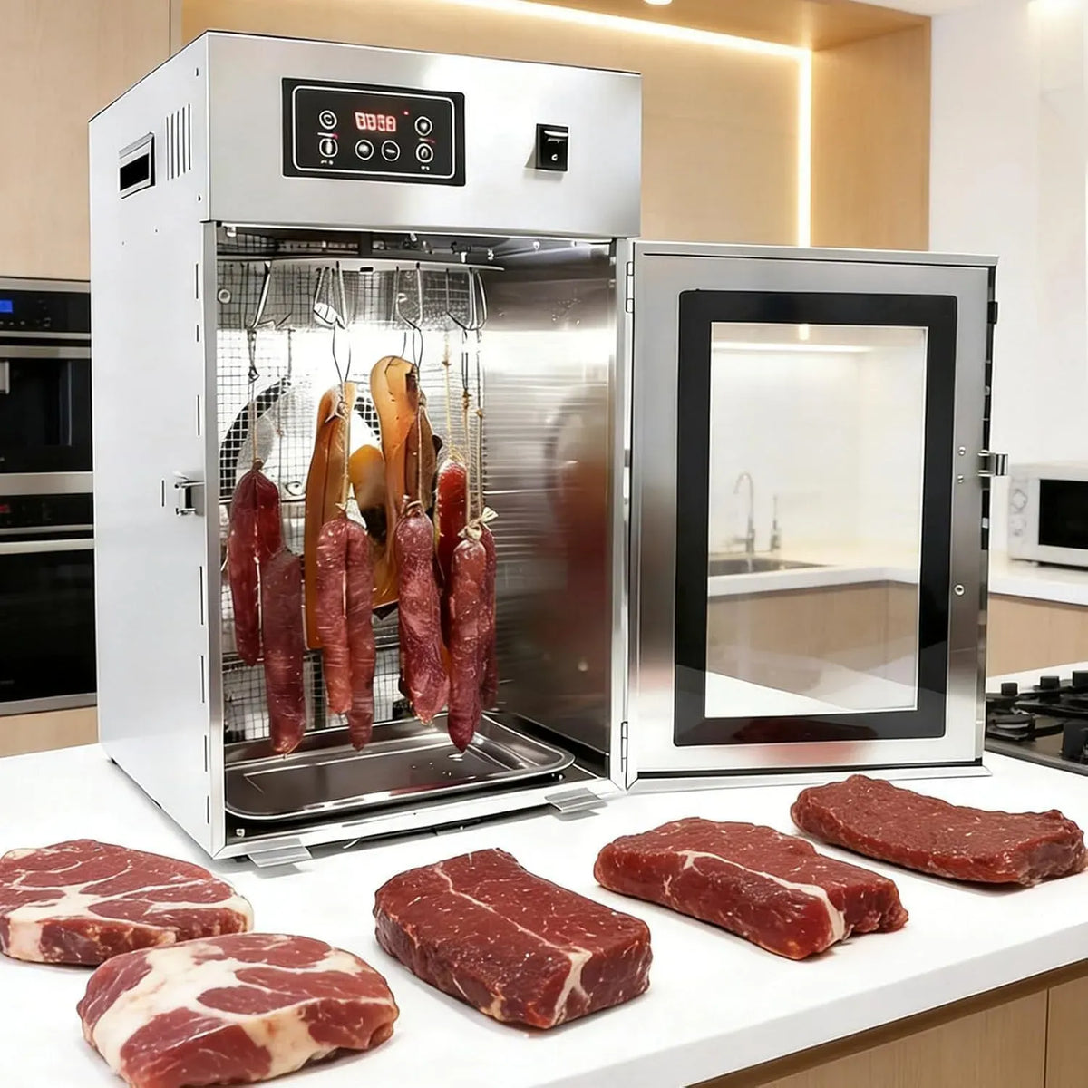 24h Reifeschrank, 30 bis 90 °C, 7.5 kg, Timer, Edelstahl, für Wurst