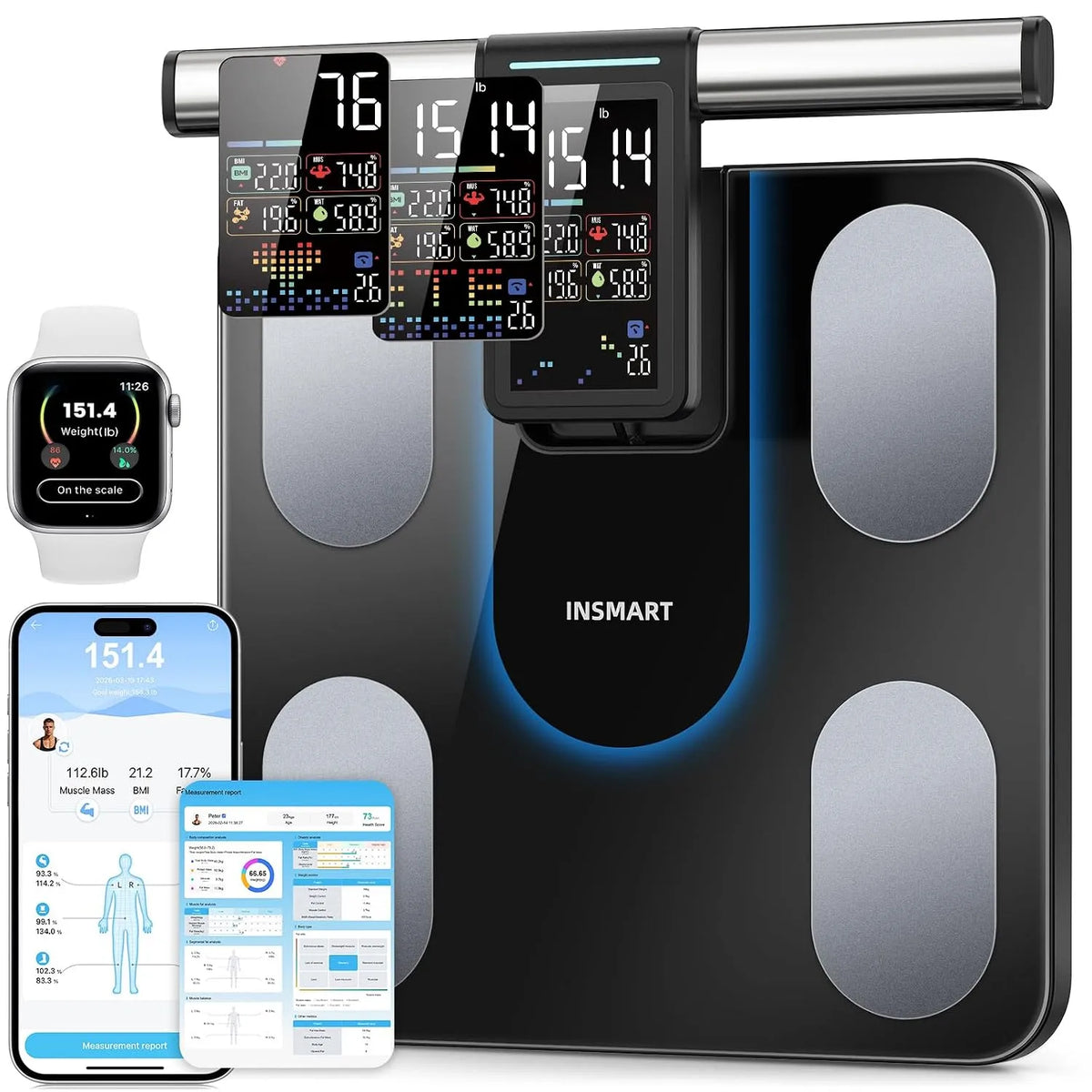 Körperfettwaage, Personenwaage, 227 kg, 8 Elektroden, VA-Panel, INSMART