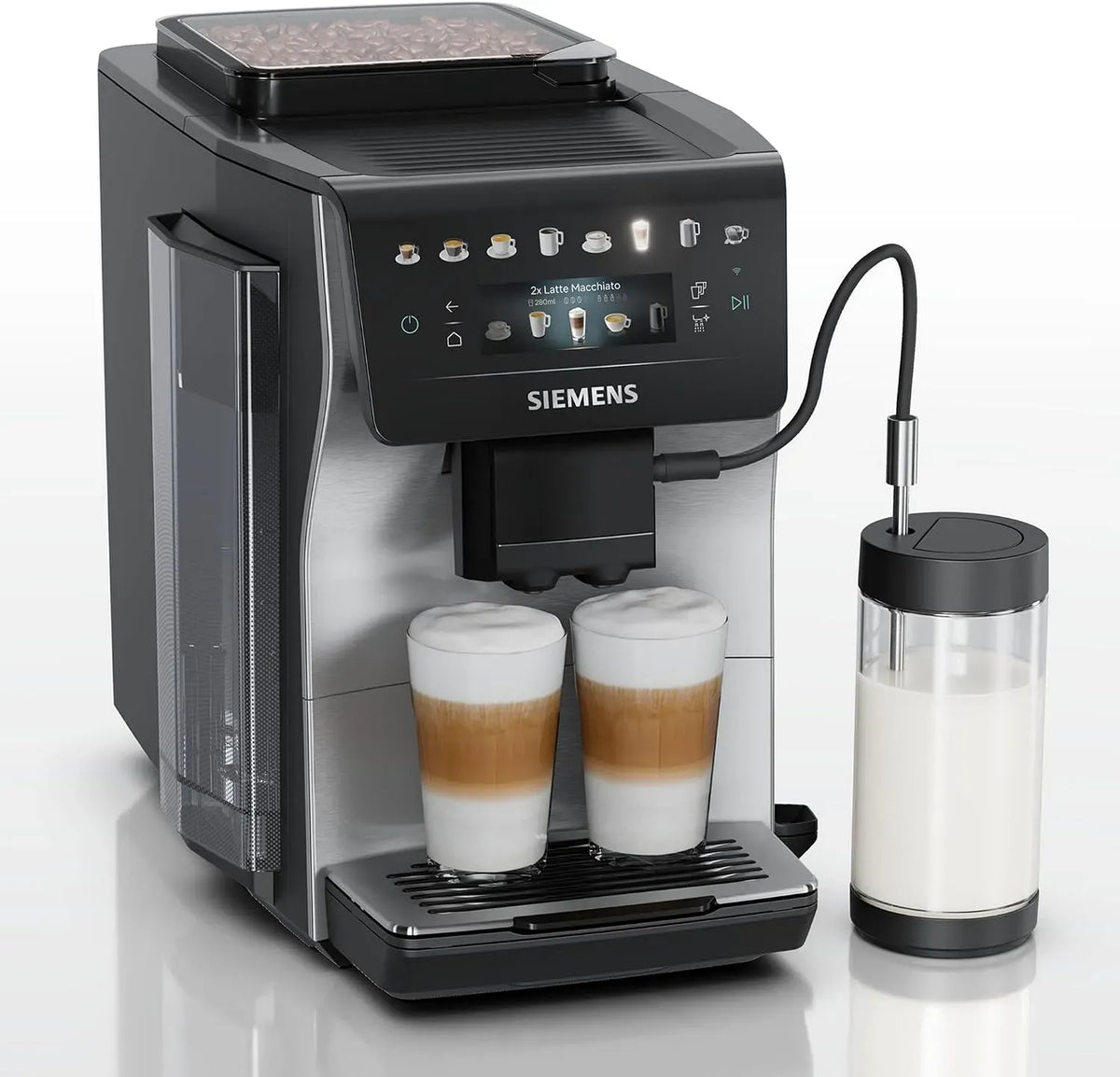 Siemens EQ600 TP605EM3 Kaffeevollautomat, Edelstahl, entnehmbare Brüheinheit, XL-Getränke und Kannenfunktion, Inox/Edelstahl, Keramikmahlwerk
