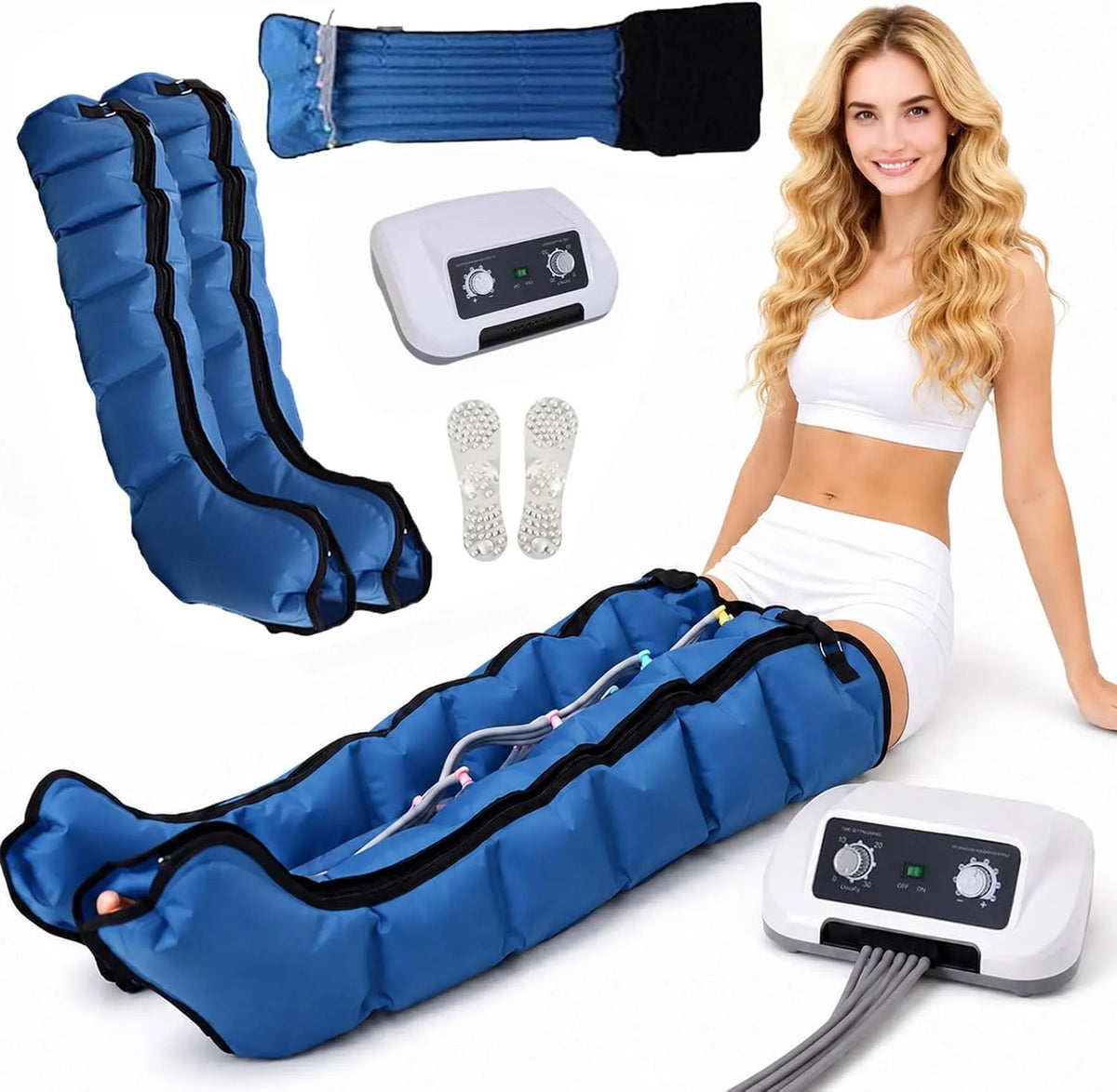 Lymphdrainage Gerät, Beinmassagegerät, Blau, für Beine mit 6 Luftkammern und Druckregler