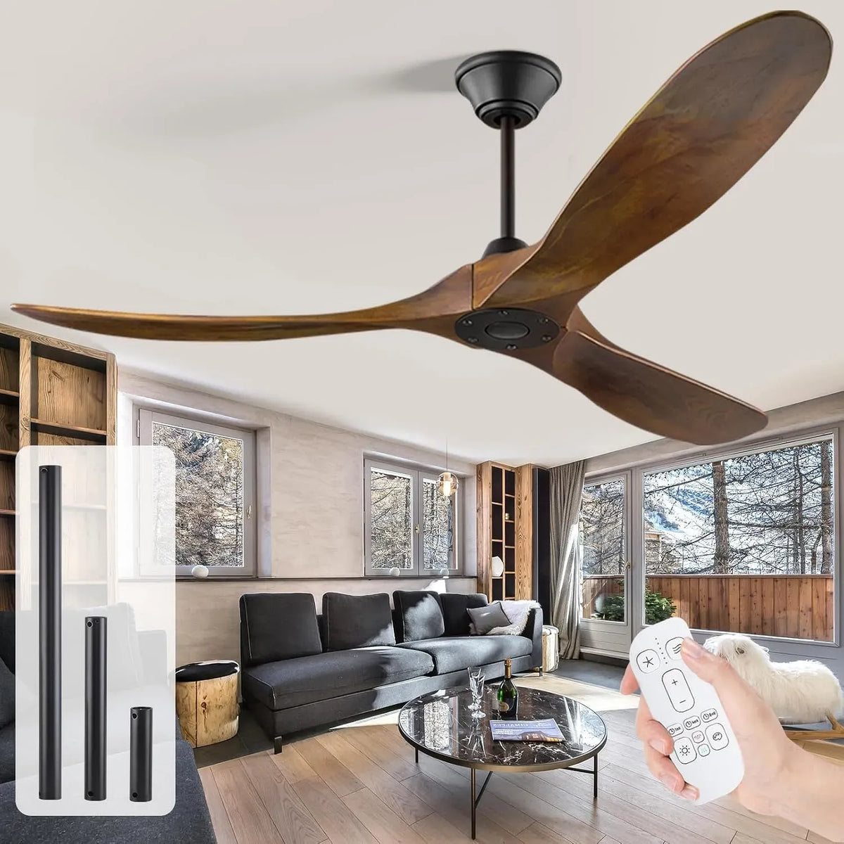 Ventilator, 152cm, Outdoor, Ventilator zur Luftzirkulation, 152cm Massivholz-Deckenventilator ohne Licht mit Fernbedienung