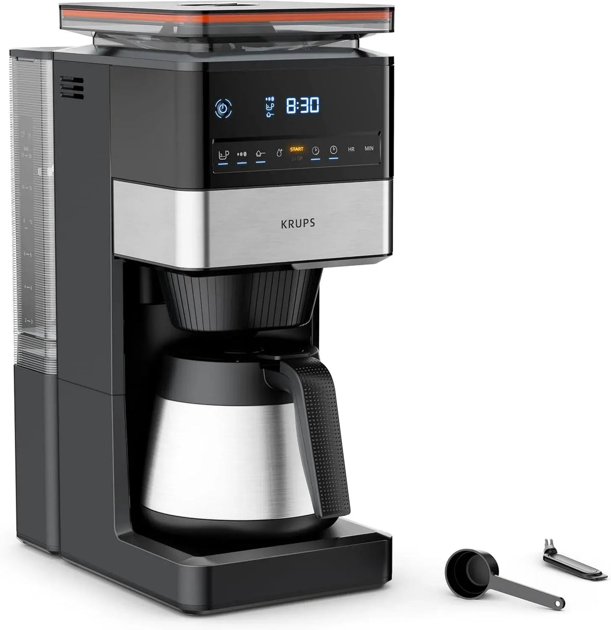 Krups KT842810 Kaffeemaschine, 1,25 L, Edelstahl, Schwarz, abnehmbares Kegelmahlwerk, Edelstahl-Thermoskanne, XL-Fassungsvermögen