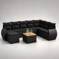 Polyrattan Ecksofa Set 6-Sitzer Schwarz mit Teakholztisch