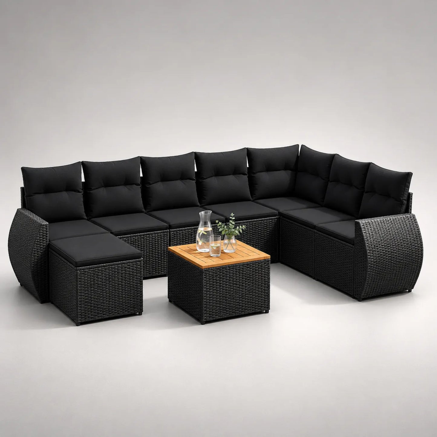 Polyrattan Ecksofa Set 6-Sitzer Schwarz mit Teakholztisch