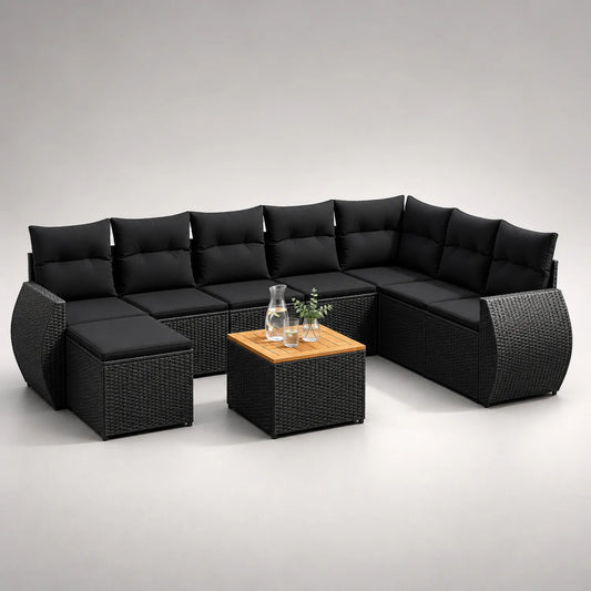 Polyrattan Ecksofa Set 6-Sitzer Schwarz mit Teakholztisch