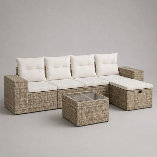 Rattan Ecksofagarnitur Cremeweiße mit Kissen und Couchtisch