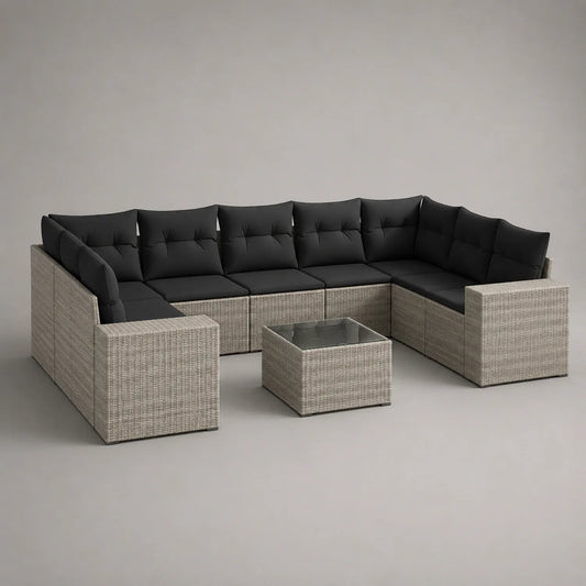 L-förmiges Gartensofa-Set aus Rattan mit Tisch und gehärtetem Glas in Grau/Schwarz
