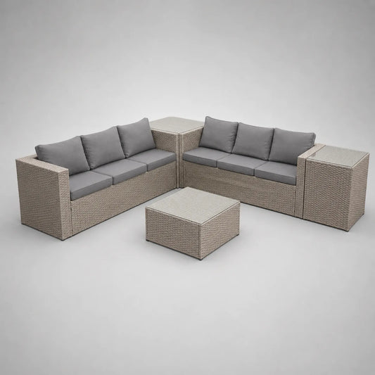 Polyrattan Ecksofa Set mit Tisch Hellgrau