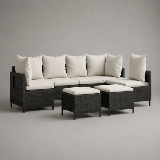 Gartenmöbel Set 6-Sitzer Rattan Sofa Stahlrahmen Schwarz/Weiß