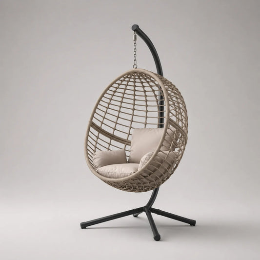Hängesessel aus Polyrattan und Metall mit Kissen, Beige