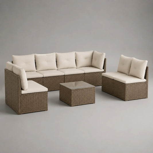 Rattan Gartenmöbel-Set mit Sofa und Tisch, Braun/Creme