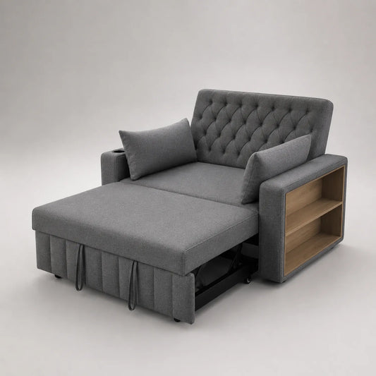 Graues Stoff-Schlafsofa mit Holzregal, 200 cm x 140 cm
