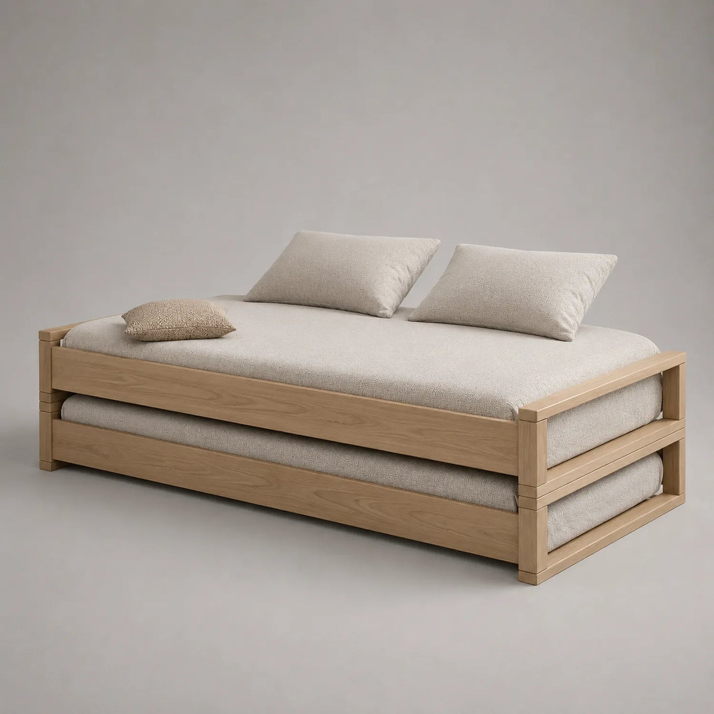 Holzbett mit ausziehbarem Bett und Polyesterpolsterung Beige 200x90 cm