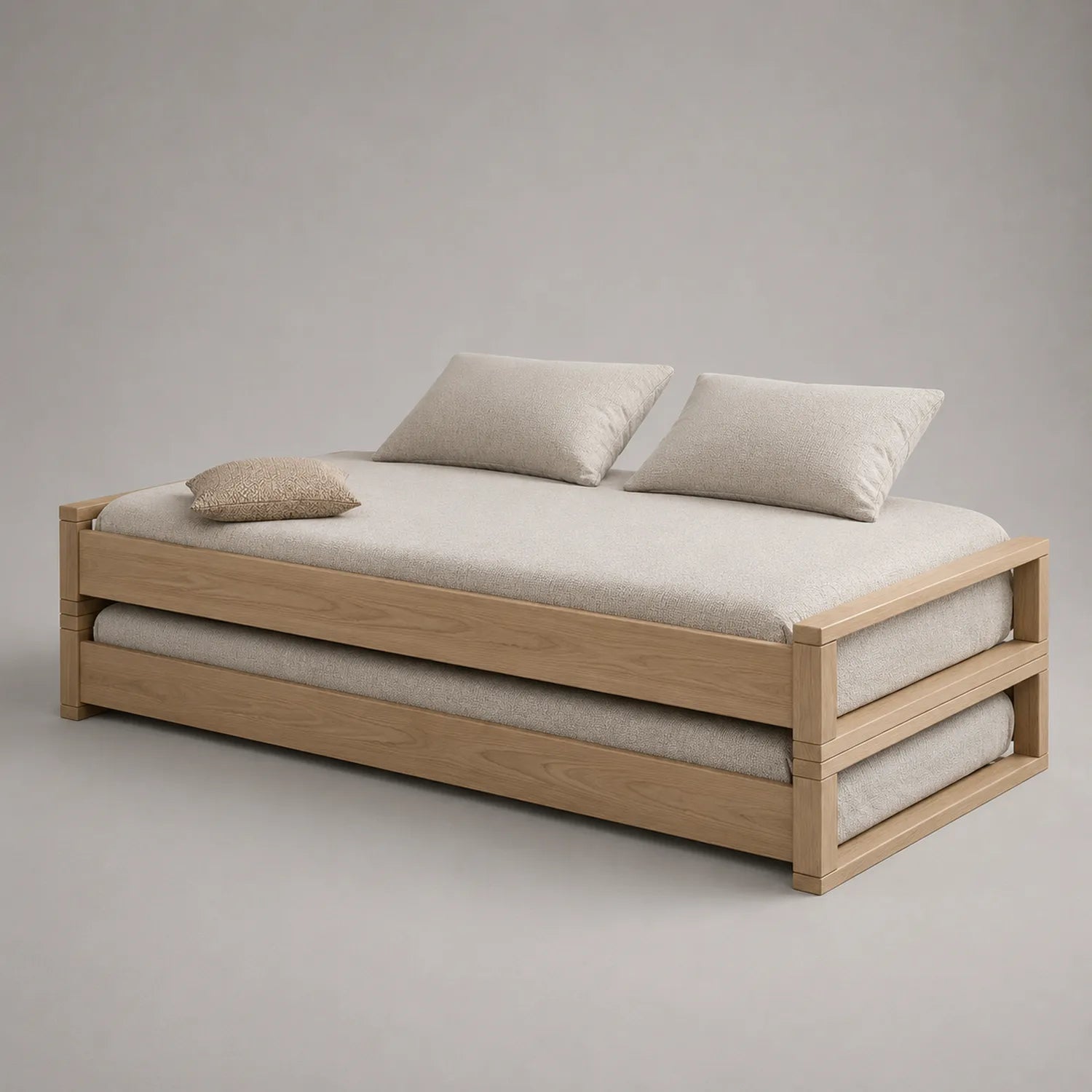 Holzbett mit ausziehbarem Bett und Polyesterpolsterung Beige 200x90 cm