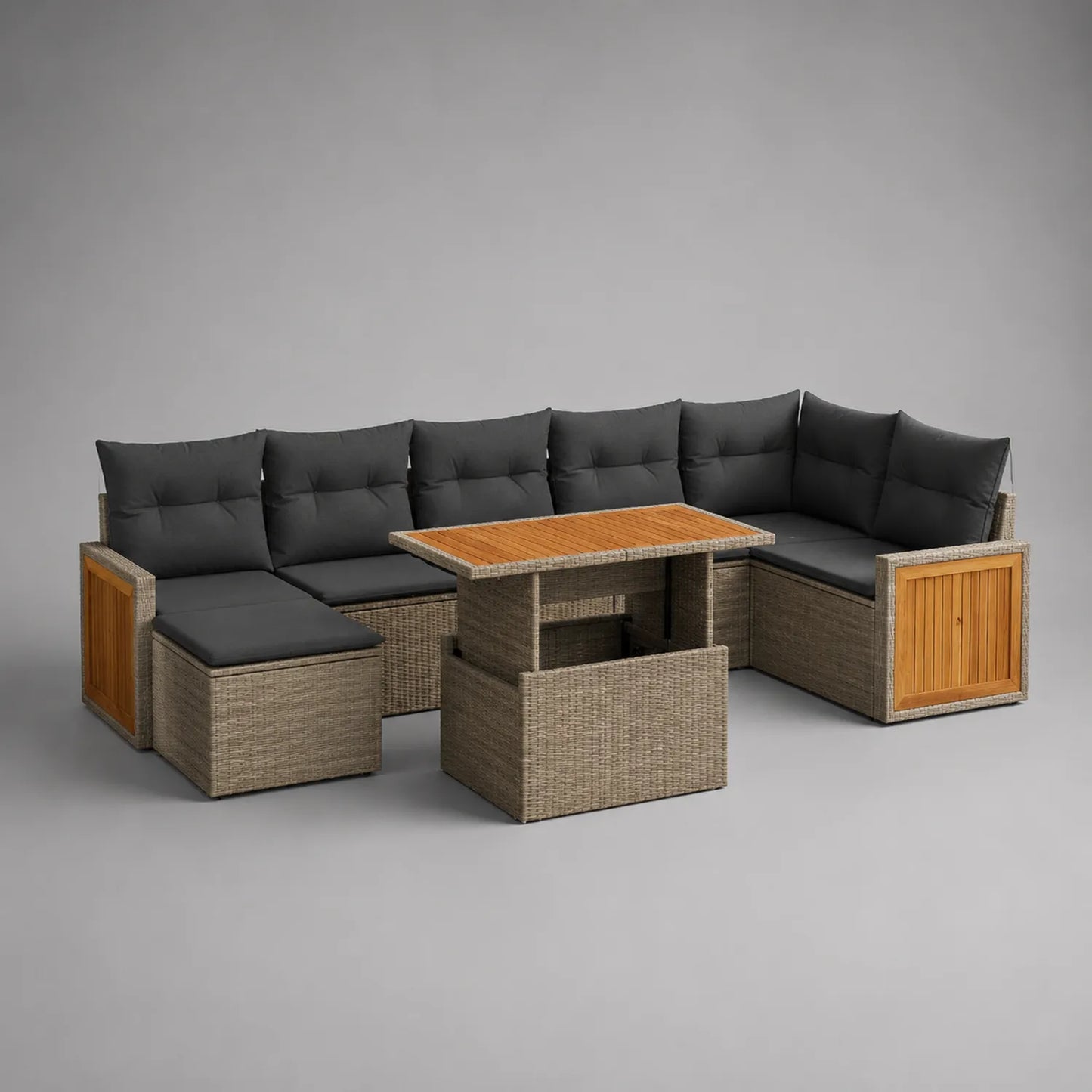 Ecksofa-Set aus Polyrattan mit Tisch und Kissen
