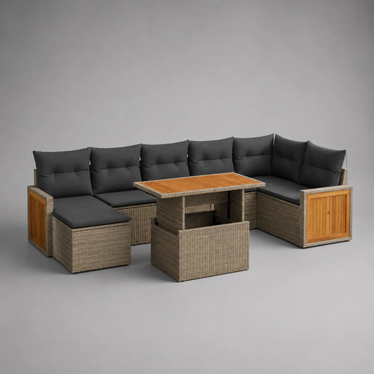 Ecksofa-Set aus Polyrattan mit Tisch und Kissen