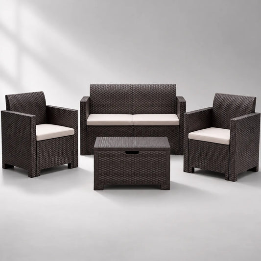 Rattanoptik Gartenmöbelset, Stahlrahmen, Braun/Beige