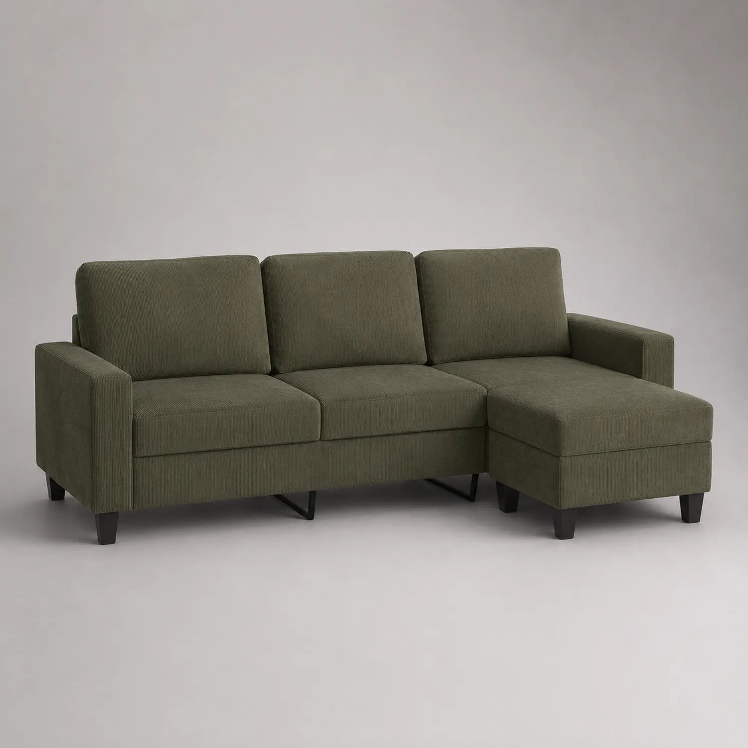 Sofa mit Ottomane rechts Holzrahmen Stoff Olivgrün