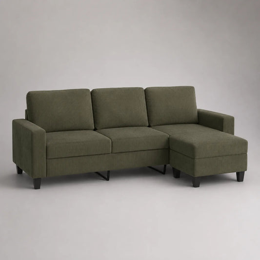 Sofa mit Ottomane rechts Holzrahmen Stoff Olivgrün