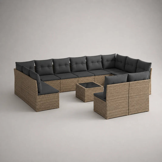 9-teiliges Gartensofa Set aus Polyrattan mit grauen Kissen
