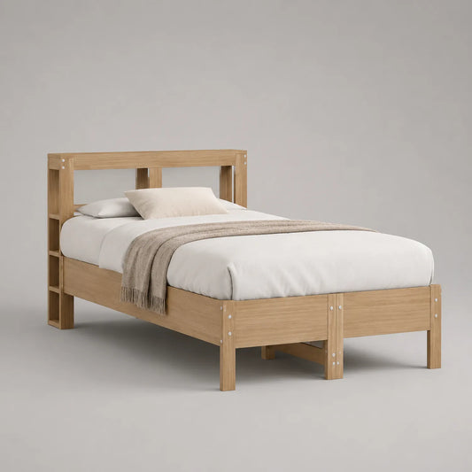 Einzelbett aus Eichenholz mit Matratze und Kissen