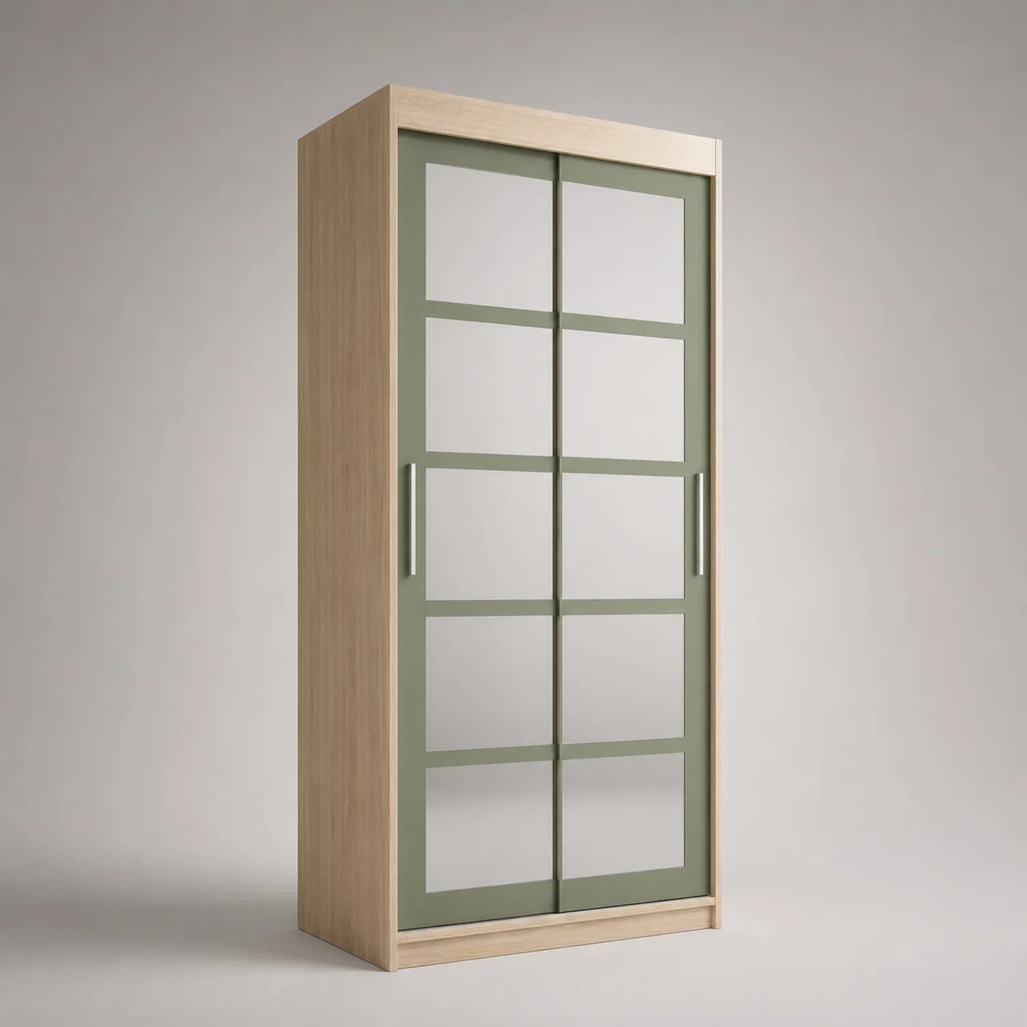 Kleiderschrank mit Schiebetüren aus Glas und Holz in Eiche/Hellgrün 200x100x60cm