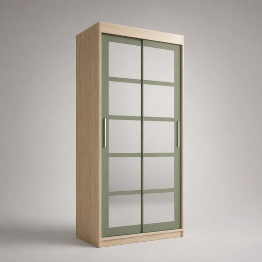 Kleiderschrank mit Schiebetüren aus Glas und Holz in Eiche/Hellgrün 200x100x60cm