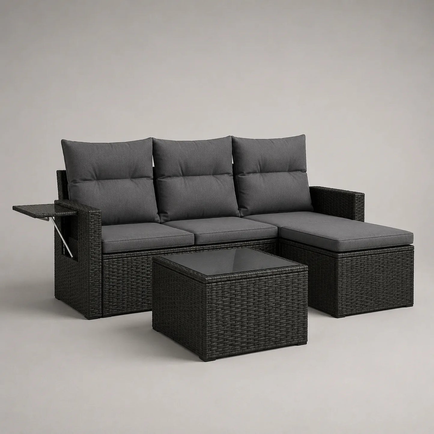 Polyrattan Ecksofa Set mit Tisch Schwarz Dunkelgrau