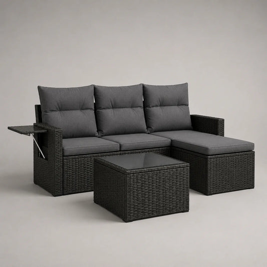 Polyrattan Ecksofa Set mit Tisch Schwarz Dunkelgrau