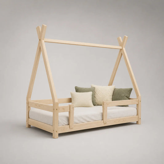 Kinderhausbett aus Kiefernholz 90x200 cm mit Matratze und Kissen