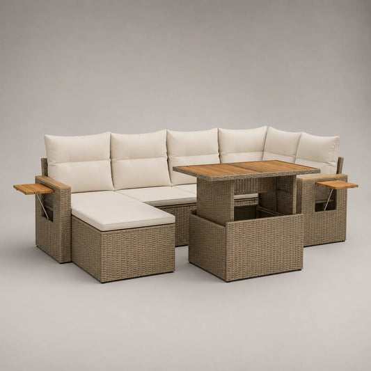 Polyrattan Gartenset Ecksofa Beige mit Akazienholztisch