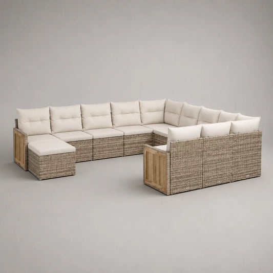7-teiliges Gartenecksofa-Set aus Rattan und Holz, Beige
