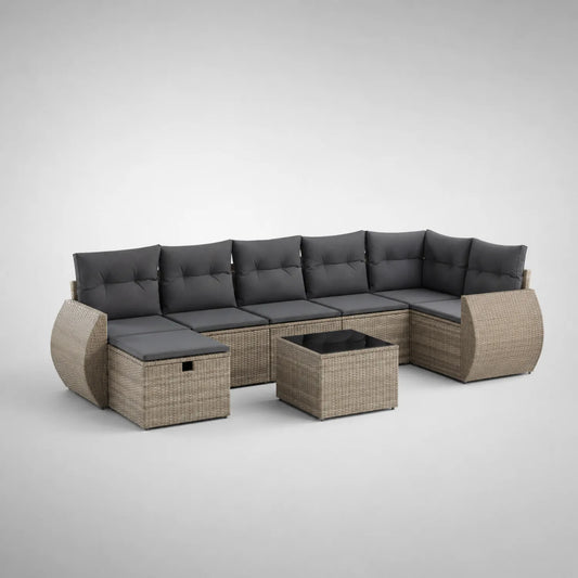 Rattan-Gartensofa-Set mit Tisch und Kissen, 6-Sitzer, Grau