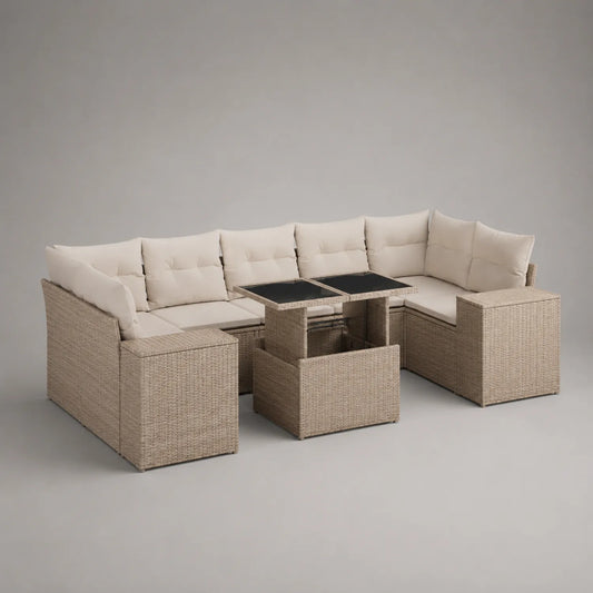 Rattan Ecksofa Set mit Glastisch