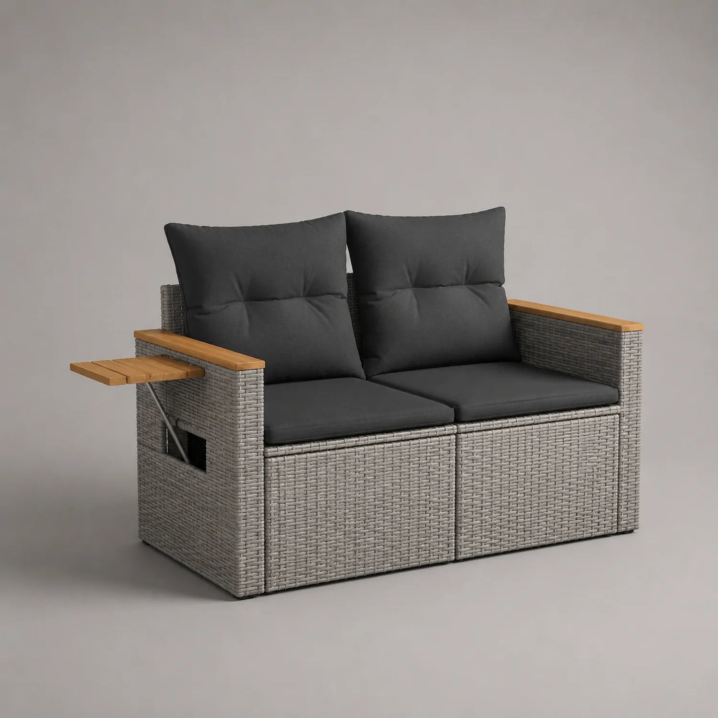 Grau Polyrattan 2-Sitzer Gartensofa mit Klapptisch und Holzarmlehnen