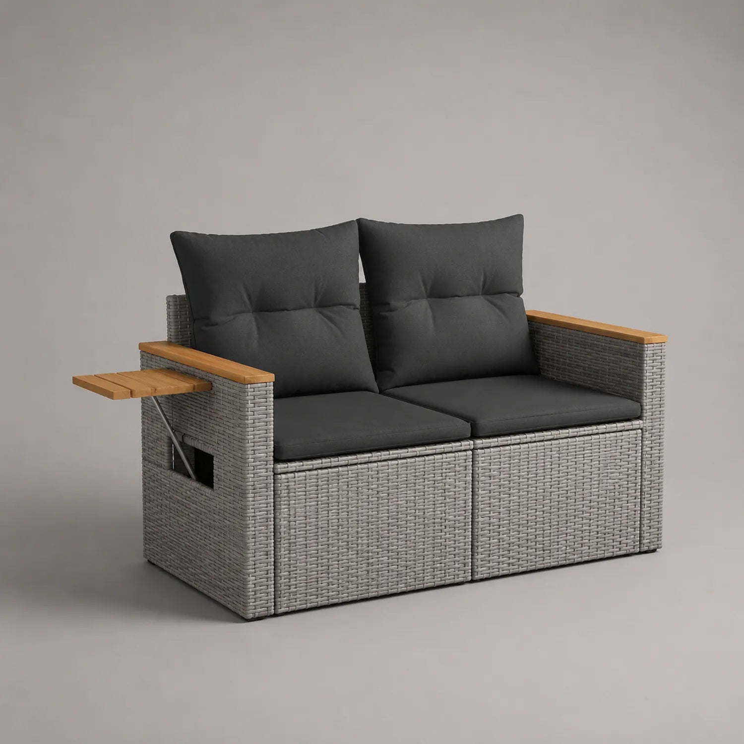Grau Polyrattan 2-Sitzer Gartensofa mit Klapptisch und Holzarmlehnen