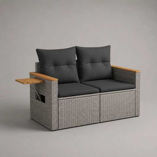 Grau Polyrattan 2-Sitzer Gartensofa mit Klapptisch und Holzarmlehnen