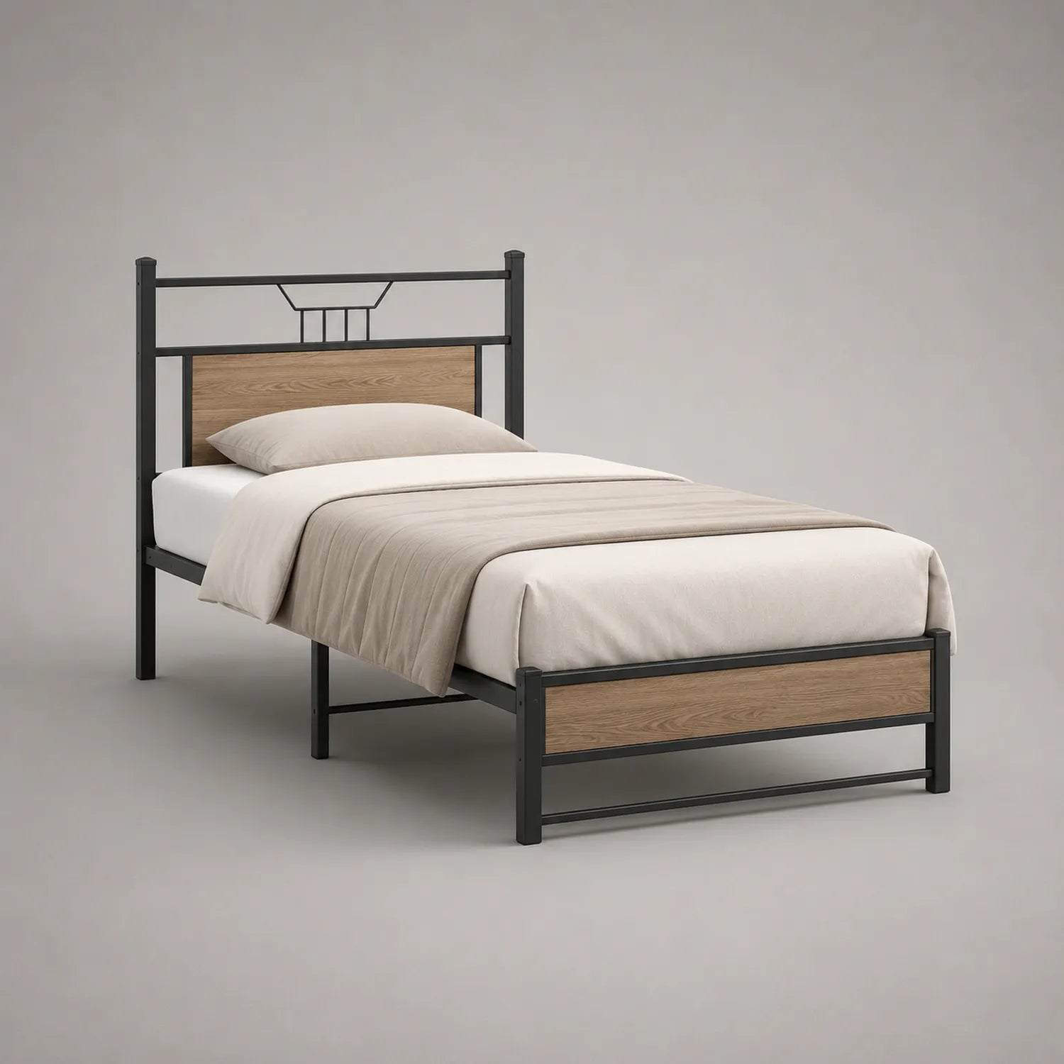 Einzelbett mit Metallrahmen und Holzpaneel Schwarz/Braun 200x90cm