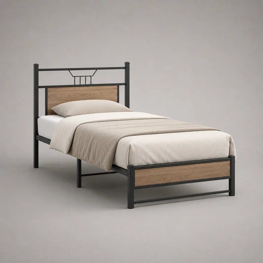 Einzelbett mit Metallrahmen und Holzpaneel Schwarz/Braun 200x90cm