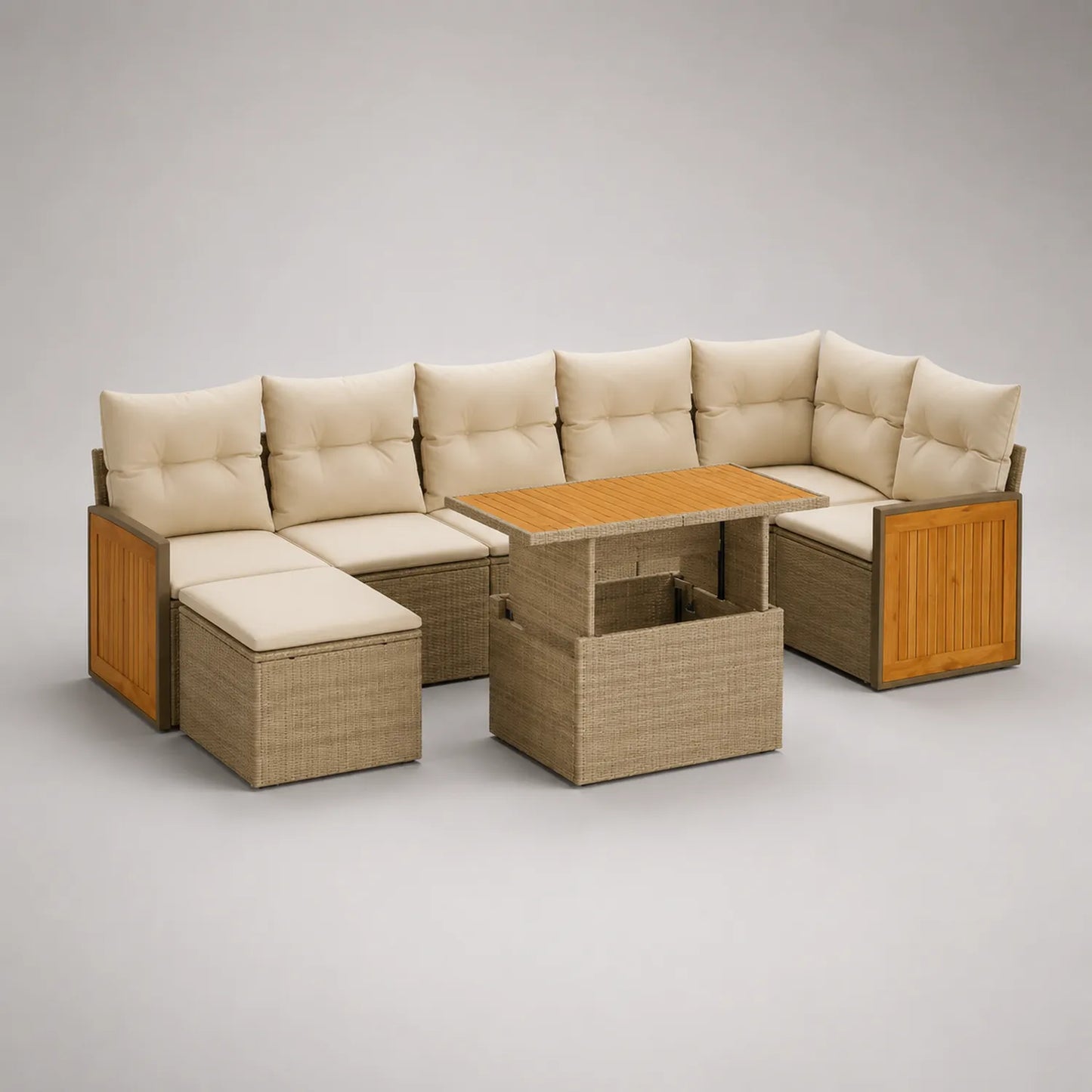 Rattan Ecksofa Set mit Tisch und Kissen Beige
