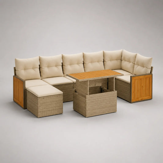 Rattan Ecksofa Set mit Tisch und Kissen Beige