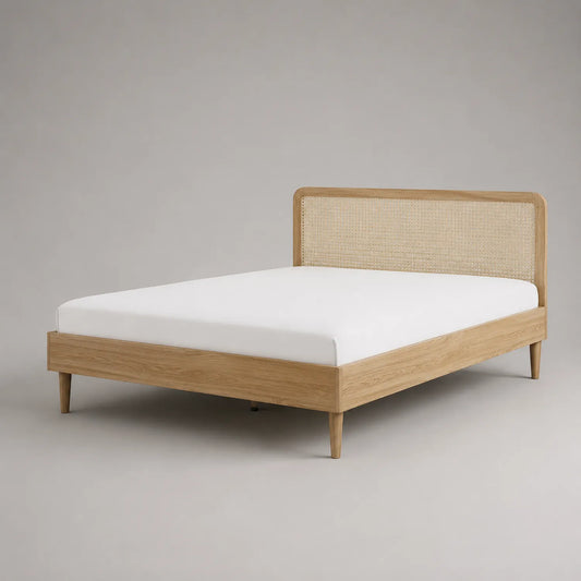 Doppelbett aus Eiche mit Rattan-Kopfteil 200x160 cm