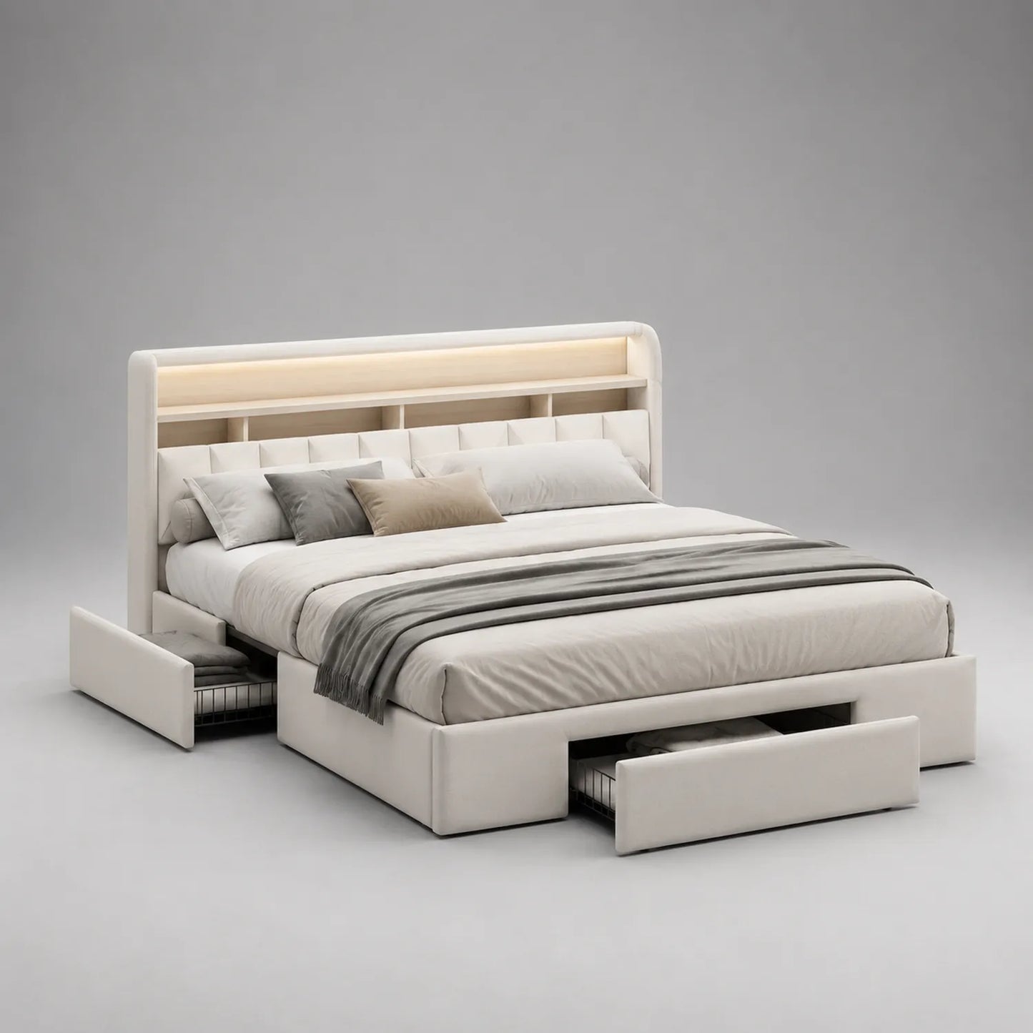 Holz-Polsterbett mit Stauraum und LED-Beleuchtung, Creme, 200x180 cm
